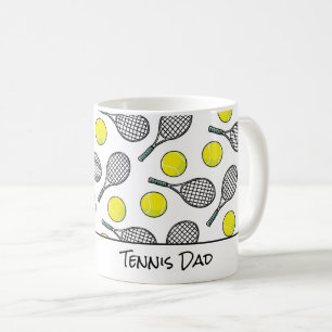 Taza De Café Tennis Dad Mom Balls Racquets Blanco amarillo Negr