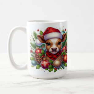 Taza De Café Ternera Sombrero de Santa Navidad Arte de Animales