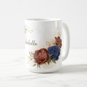 Taza De Café terracota azul marino floral follaje