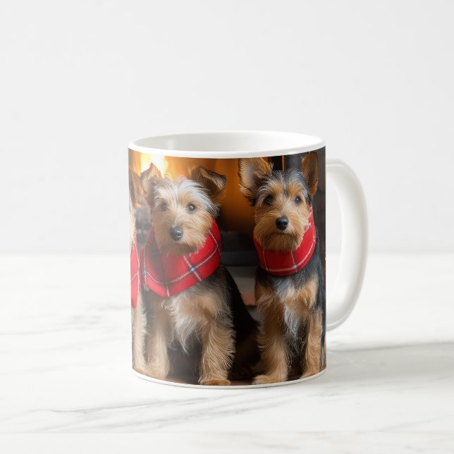 Taza De Café Terrier Australiano junto a la Chimenea Navidad (Anverso derecho)
