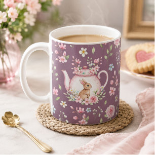 Taza De Café Tetera Conejo Caprichoso Floral Primavera