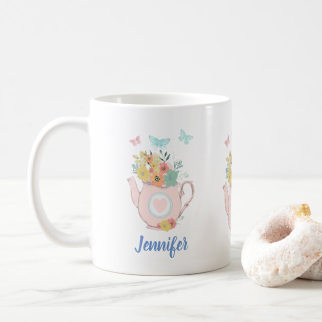Taza De Café Tetera rosa con flores y mariposas (Con donut)