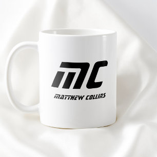 Taza De Café Texto de nombre de monograma negro moderno minimal