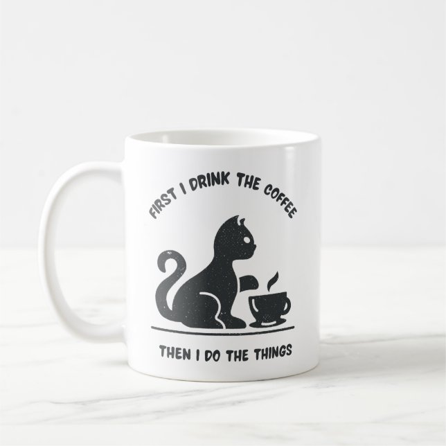 Taza De Café texto divertido del gato negro moderno de primera  (Izquierda)