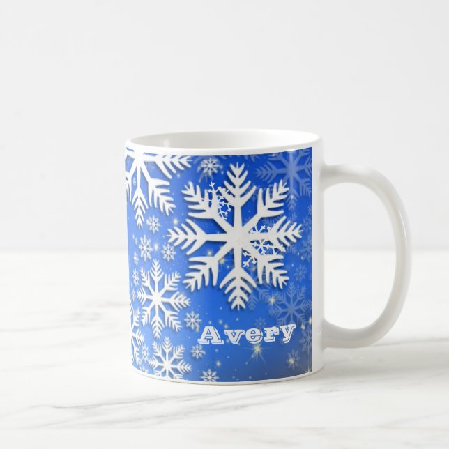 Taza De Café Texto Personalizado de copos de nieve y estrellas  (Derecha)