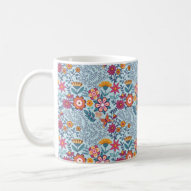 Taza De Café Textura sin foco con flores y mariposas. Fin (Izquierda)