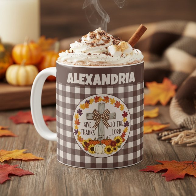 Taza De Café Thanksgiving Give Thanks To The Lord Brown Plaid (Subido por el creador)