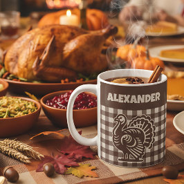 Taza De Café Thanksgiving Turkey Brown & Tan Plaid Name