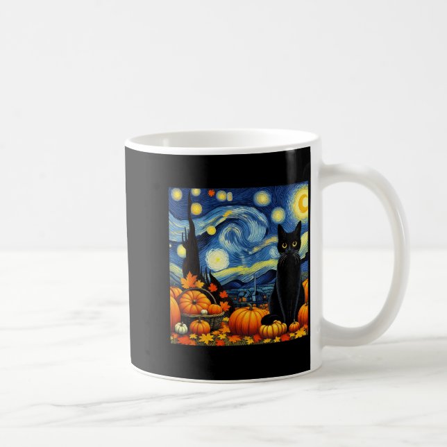Taza De Café Thanksgiving Van Gogh Starry Night Black Cat Pumpk (Derecha)