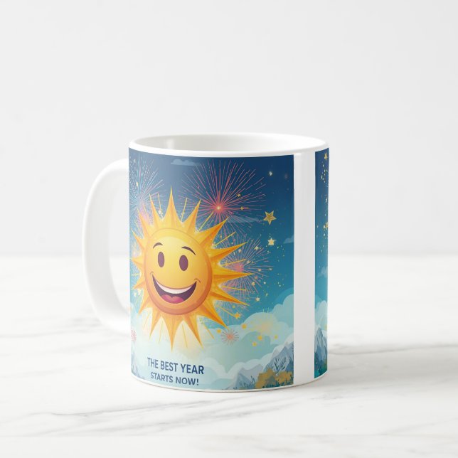 Taza De Café The Best Year Starts Now! Smiling Sun & Fireworks  (Anverso izquierdo)