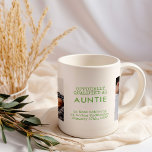 Taza De Café Tía 2 fotos de bebés de Personalizado y estadístic<br><div class="desc">Moderno tazón de fotos para una nueva tía. El diseño tiene una paleta de colores verde y blanco con texto de máquina de escribir y tipografía moderna. La plantilla está configurada para que añadas dos fotos, el nuevo título de la tía (tía, tía, etc.) así como la hora y fecha...</div>