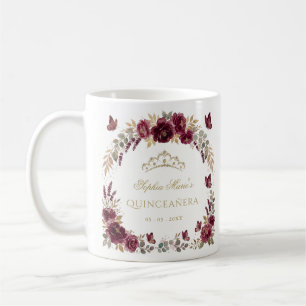 Taza De Café Tiara de mariposa floral borgoña dorada Quinceañer