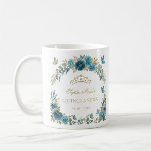 Taza De Café Tiara de quinceañera floral mariposa azul dorado
