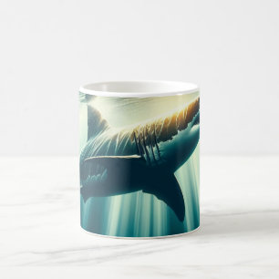 Taza De Café Tiburón en el mar azul profundo y la luz del sol