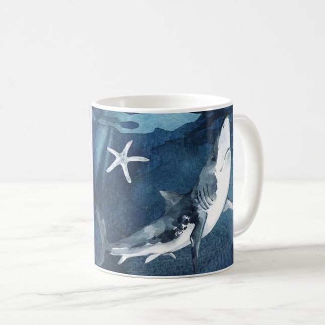 Taza De Café Tiburón gris y blanco en el océano azul acuarela (Anverso derecho)