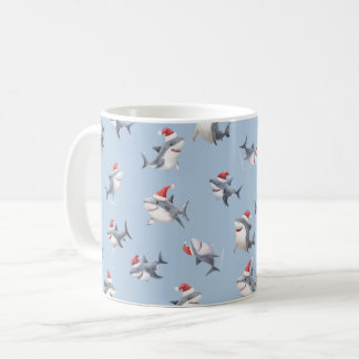 Taza De Café Tiburones de Navidad Lanzados sobre Azul Claro