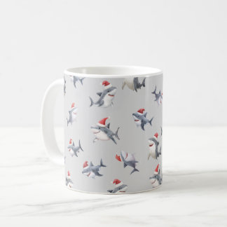 Taza De Café Tiburones de Navidad Lanzados sobre Gris Claro