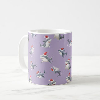 Taza De Café Tiburones de Navidad Lanzados sobre Morado Claro