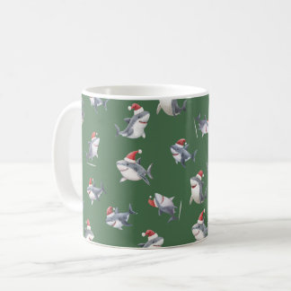 Taza De Café Tiburones de Navidad Lanzados sobre Verde