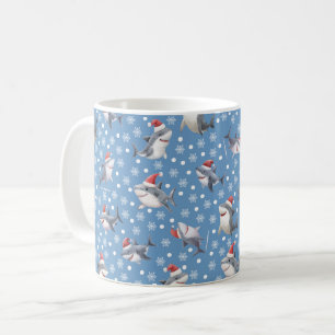 Taza De Café Tiburones de Navidad y copos de nieve en Azul