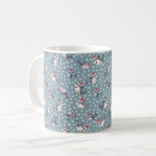 Taza De Café Tiburones de Navidad y copos de nieve en gris clar