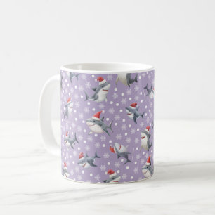 Taza De Café Tiburones de Navidad y copos de nieve en morado cl