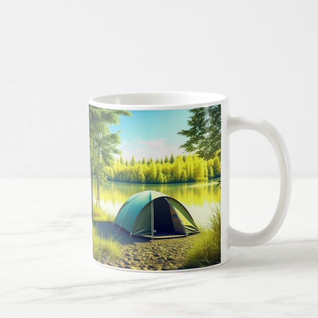 Taza De Café Tienda de campaña en un hermoso bosque a orillas d (Derecha)