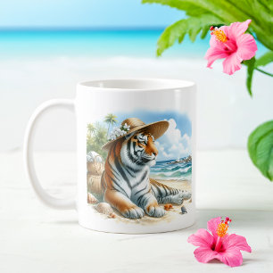 Taza De Café Tigre acuarela de verano en la playa