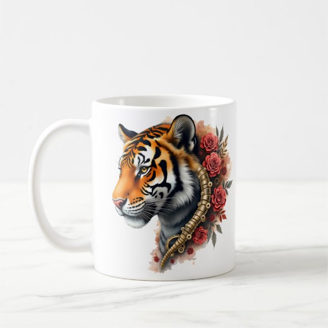 Taza De Café Tigre de vapor con Ilustracion de Rosas. (Izquierda)