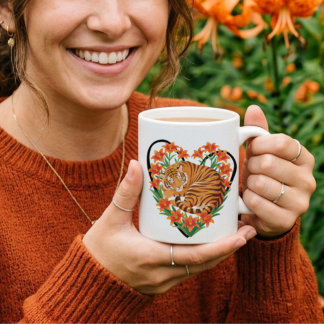 Taza De Café Tigre lindo con corazón floral de lirio naranja
