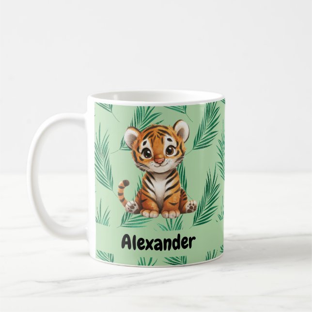 Taza De Café Tigre Personalizado y dulce sobre hojas tropicales (Izquierda)