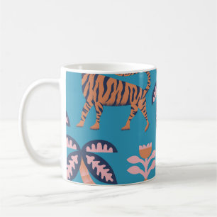 Taza De Café Tigre retro, palmera, patrón de flor