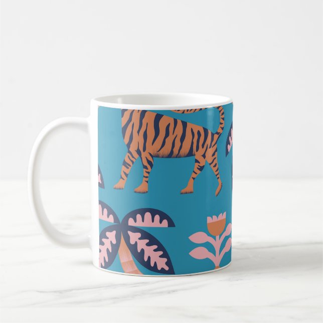 Taza De Café Tigre retro, palmera, patrón de flor (Izquierda)