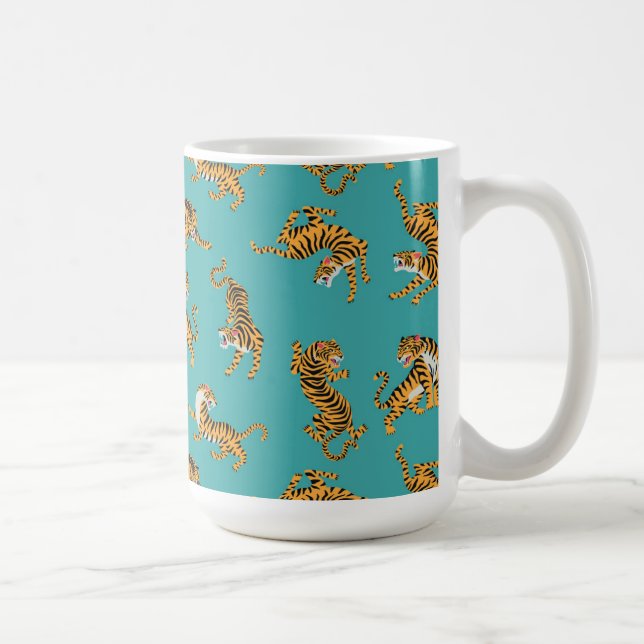 Taza De Café Tigre sobre el patrón Verde azulado (Derecha)