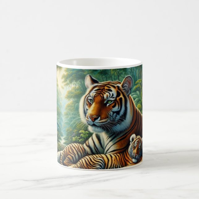 Taza De Café Tigre y cachorro en una pintura de la selva exuber (Centro)
