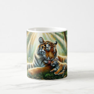 Taza De Café Tigres en una pintura de color de la selva exubera