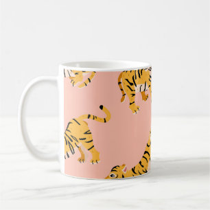 Taza De Café Tigres personalizados, patrón de cosecha rosada.