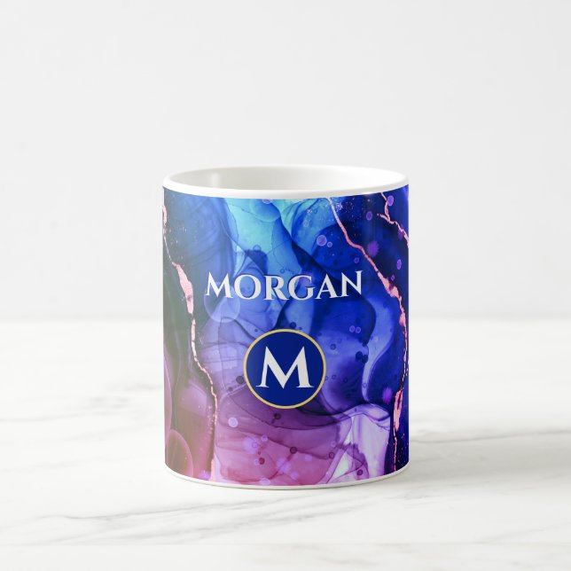 Taza De Café Tinta líquida azul violeta roja, monograma y nombr (Centro)