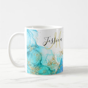 Taza De Café Tinta y nombre de color turquesa y dorada para el