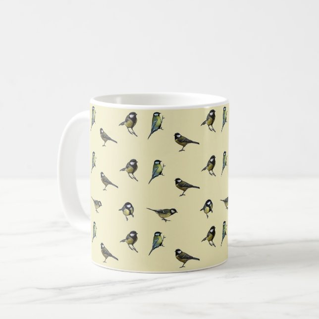 Taza De Café Tiny Garden Birds Pattern on Beige (Anverso izquierdo)
