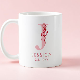Taza De Café Tipografía Elegante Rosa Chic Lazo Monograma Femen