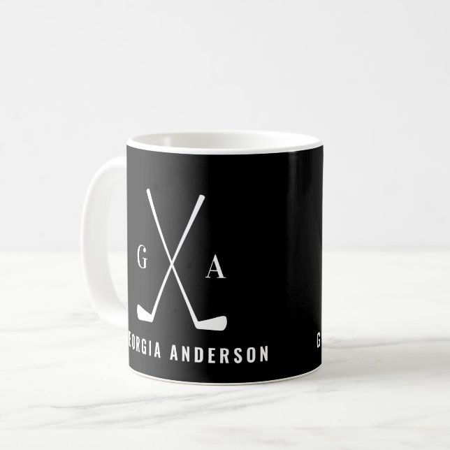 Taza De Café Tipografía moderna de golf monograma inicial negro (Anverso izquierdo)