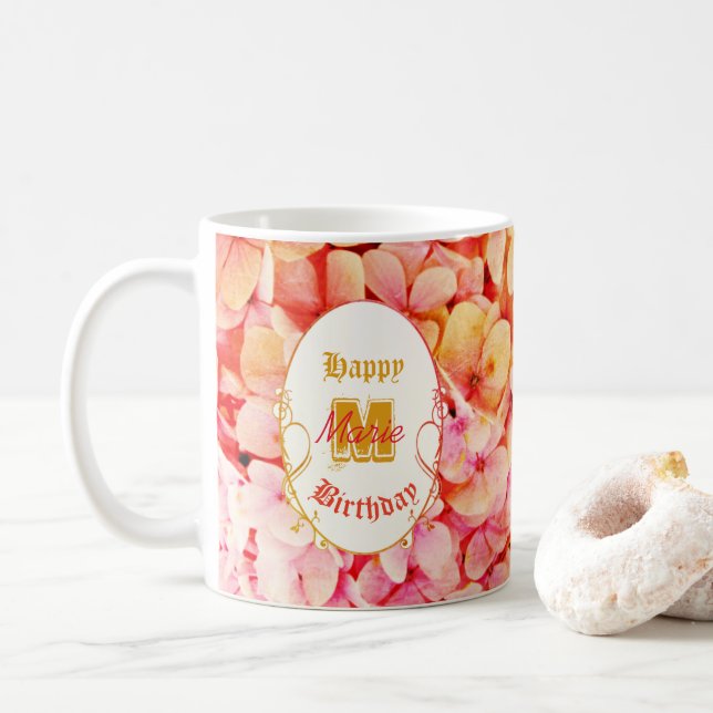 Taza De Café Tipografía rosa Keepsake elegante cumpleaños feliz (Con donut)