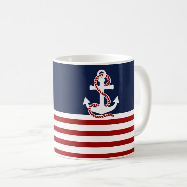 Taza De Café Tiras náuticas rojas blancas y ancla blanca (Anverso derecho)