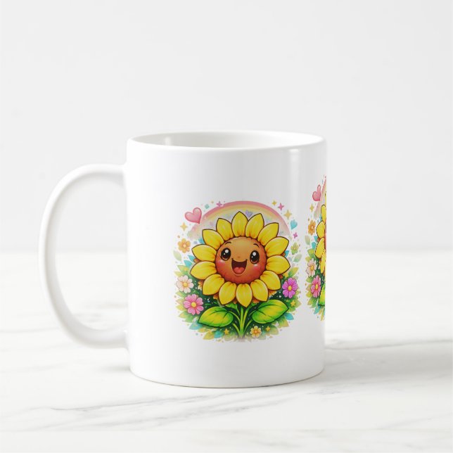 Taza De Café 🌻 Title Cute Smiling Sunflower Rainbow Garden (Izquierda)