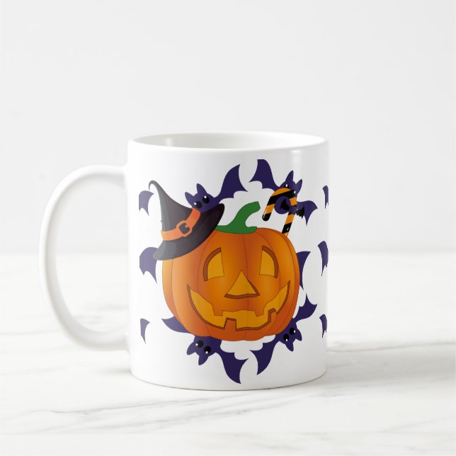 Taza De Café Tocante Calabaza y Bats Halloween Gorra de bruja l (Izquierda)