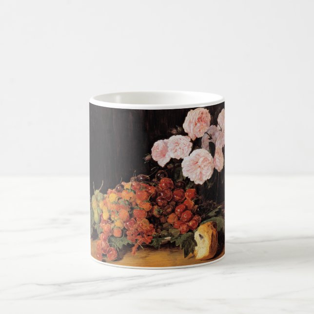 Taza De Café Todavía la vida con Rosas, fresas y pan (Centro)