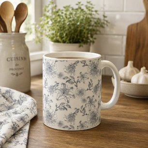 Taza De Café Toile Botánico Vintage Francés País Rústico Pájaro
