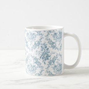 Taza De Café Toile floral azul y blanco grabado elegante