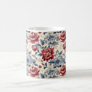 Taza De Café Toile francesa & Toile de Jouy rosas azules y roja